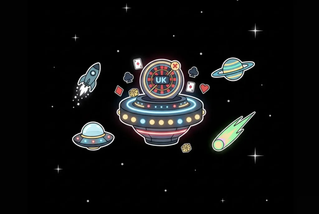 A roulette wheel on a UFO in space, representing UK online casinos on FreeSlots99
