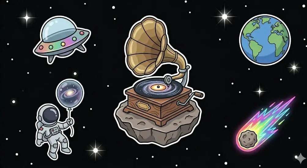 Cosmic gramophone slot graphics showing the space music theme for freeslots99.com