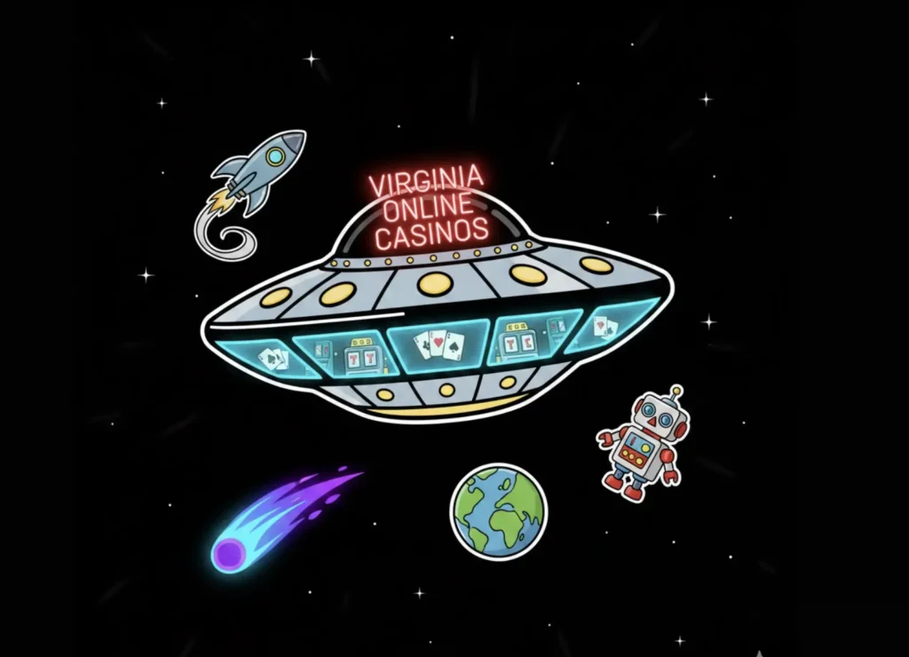 UFO with Virginia Online Casinos neon sign and casino games in space