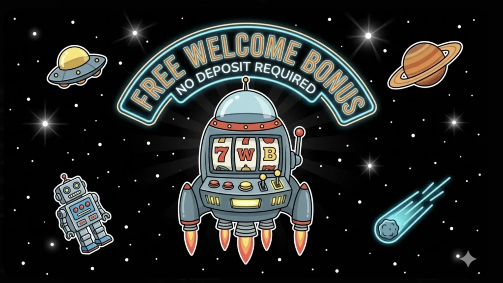 Space treasure chest with astronaut and UFO floating in space, illustrating free welcome bonus no deposit offer at FreeSlots99