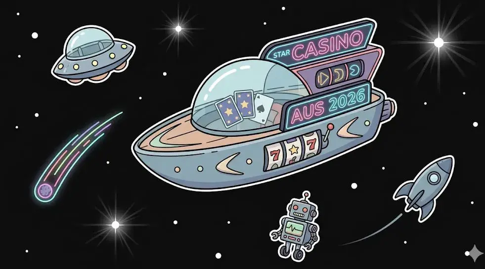 Space casino on asteroid with glowing letter A, dice, and slot machines surrounded by rocket, UFO, Saturn, and satellite, symbolizing online casino theme for www.freeslots99.com