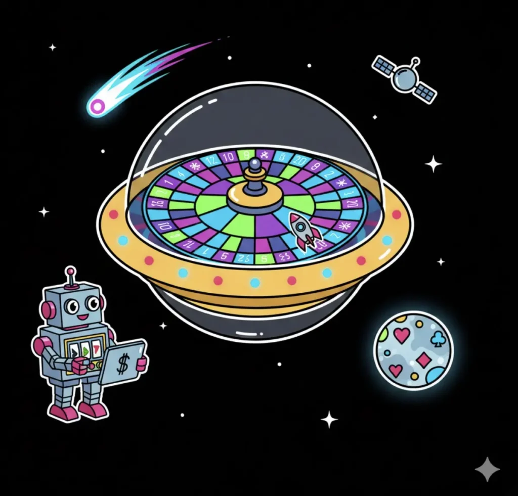Futuristic roulette wheel in space dome with robot for best online casinos on Freeslots99