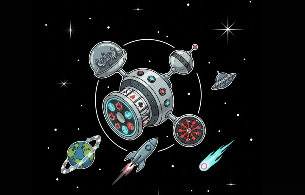 Robot slot machine with maple leaf and card symbols in space for online casinos on Freeslots99