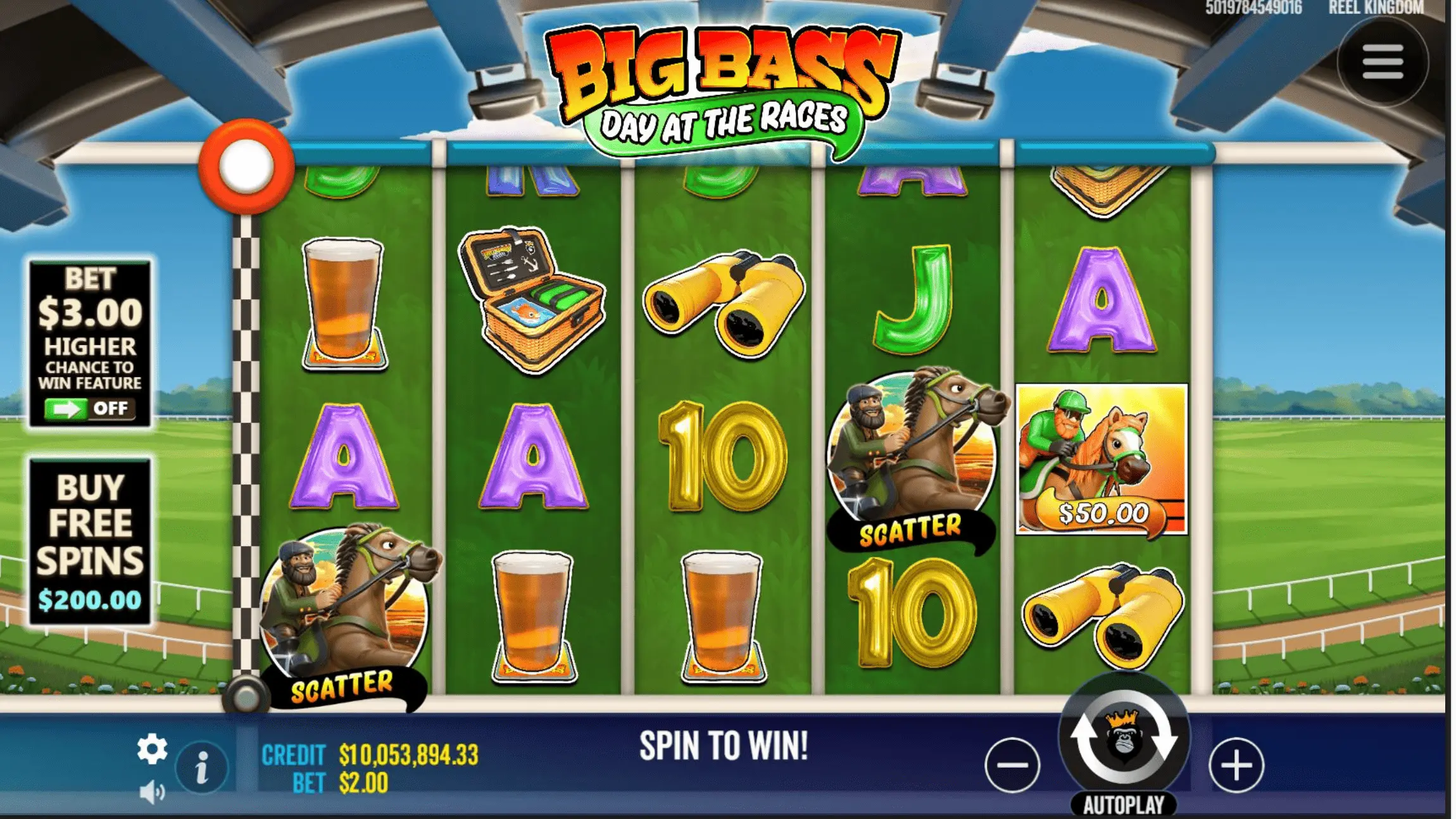 Big Bass Day at the Races base game reel layout — 5x3 grid with racetrack backdrop