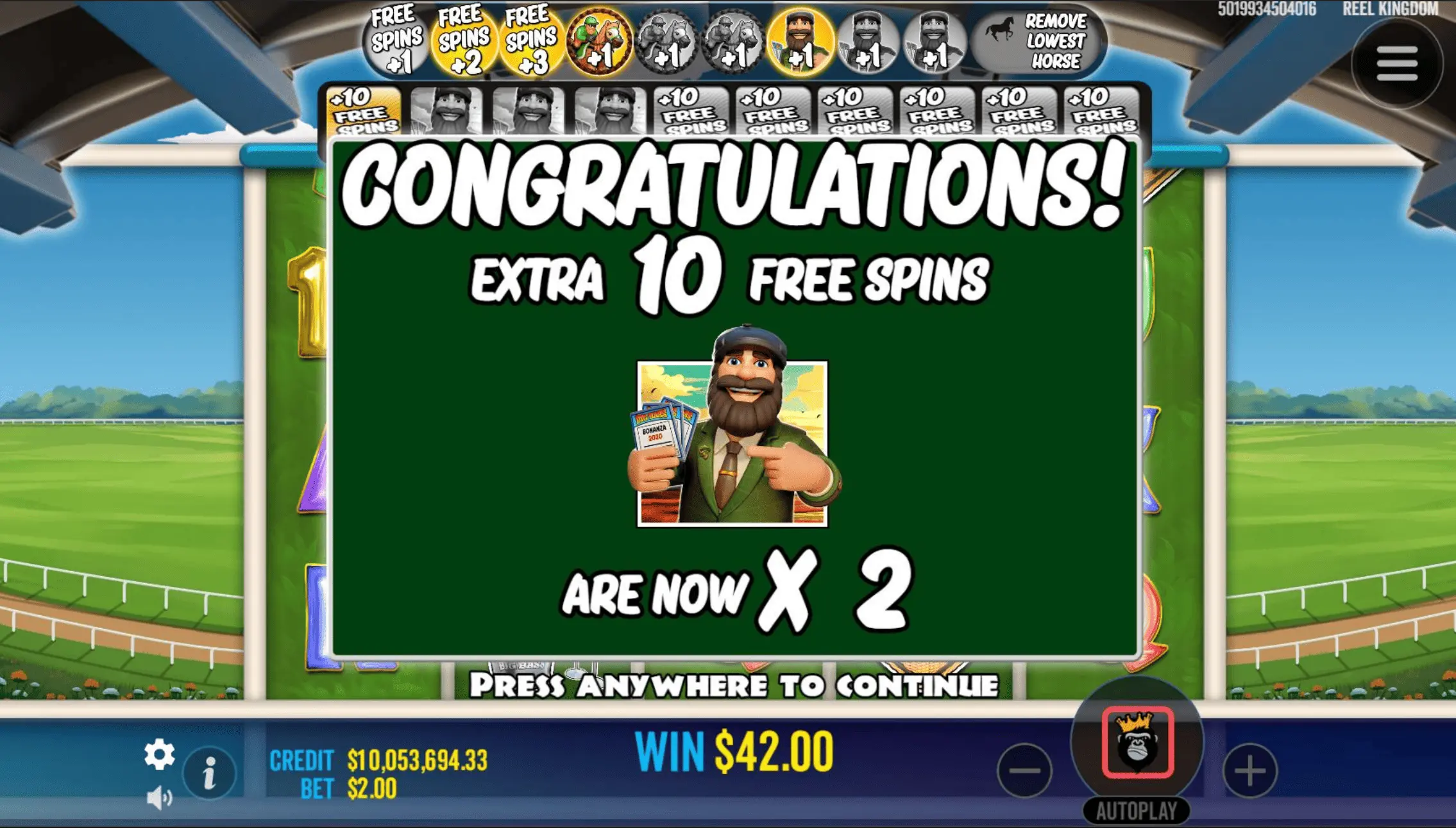 Big Bass Day at the Races free spins round with money symbols and Man Wild active