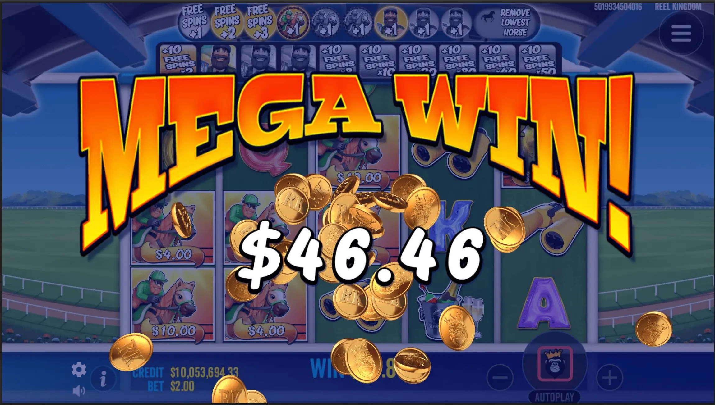Big Bass Day at the Races retrigger screen showing x2 multiplier and extra 10 free spins