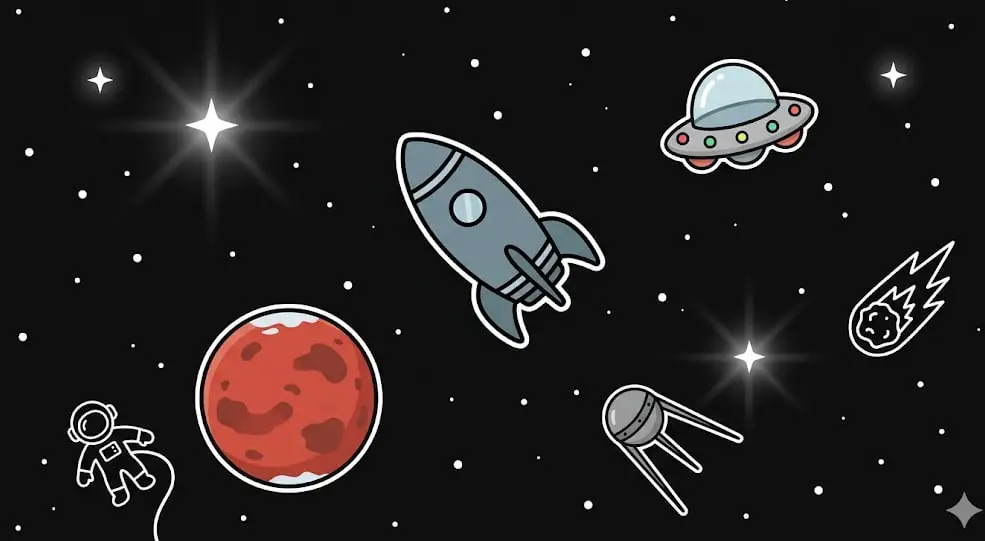 Space illustration with a rocket and planets for the freeslots99.com galactic theme.