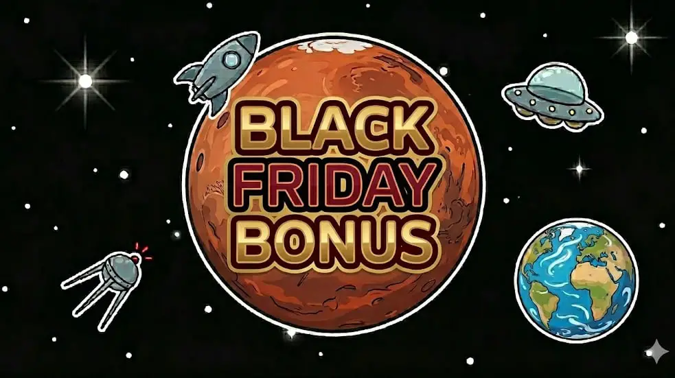 Space-themed Black Friday Bonus graphic with Mars and Earth for freeslots99.com promotions.