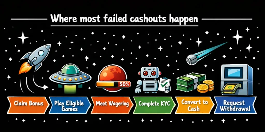 Flowchart of the no deposit bonus path from sign-up to withdrawal