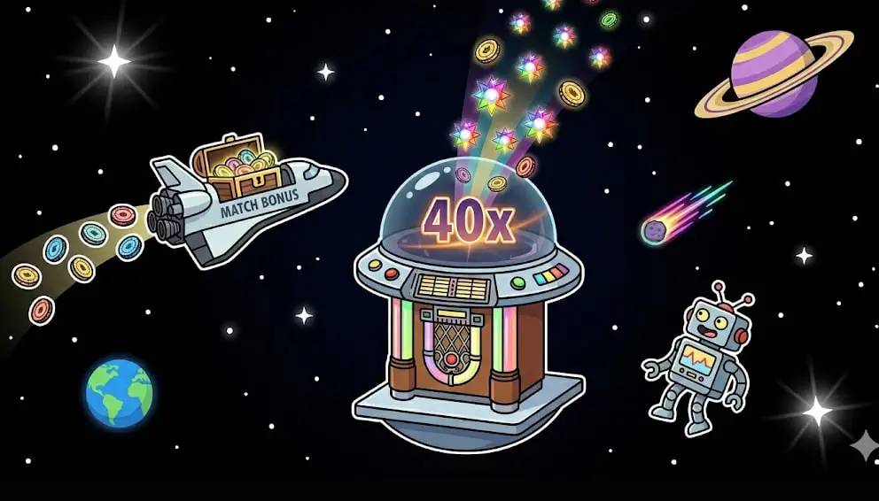Space-themed 40x match bonus graphic for freeslots99.com casino promotions.
