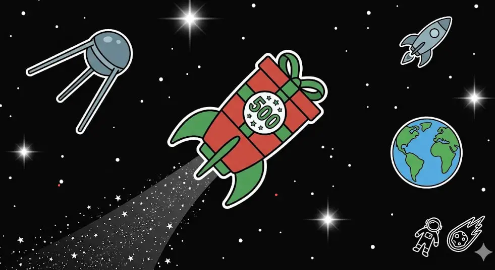 Space rocket shaped like a gift for the 500 bonus promotion on freeslots99.com.