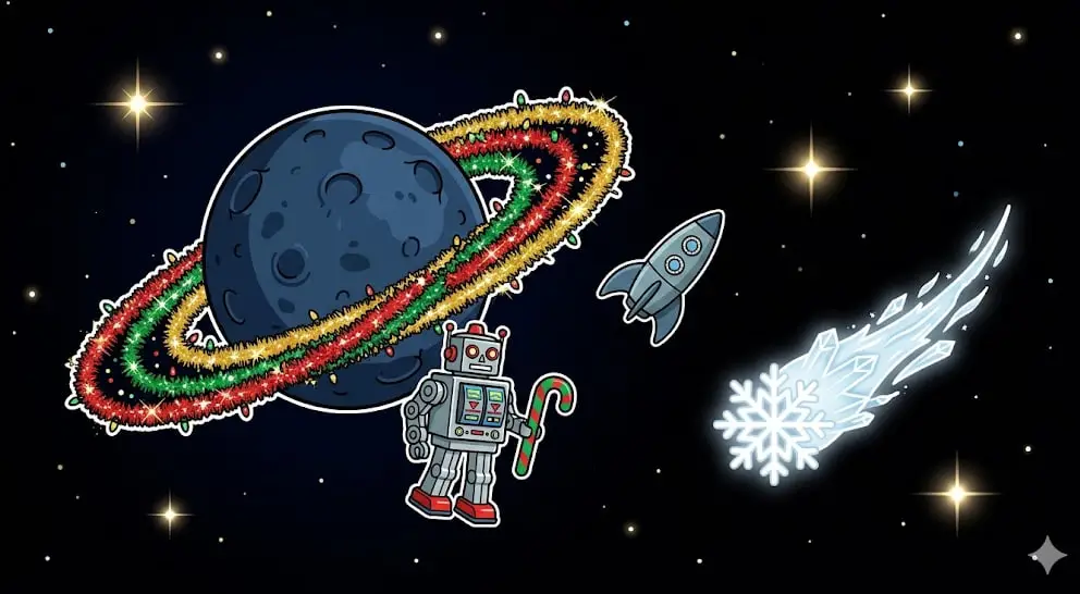 Christmas-themed space graphic with a robot and ice comet for freeslots99.com holiday offers.