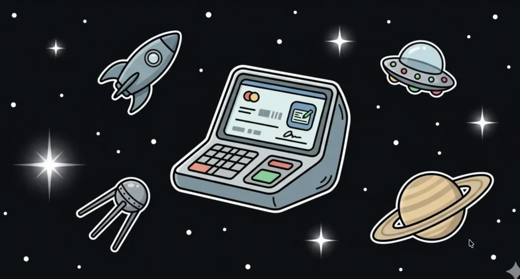Space eCheck payment terminal with card display floating near UFO and Saturn, representing top eCheck casino deposits at FreeSlots99