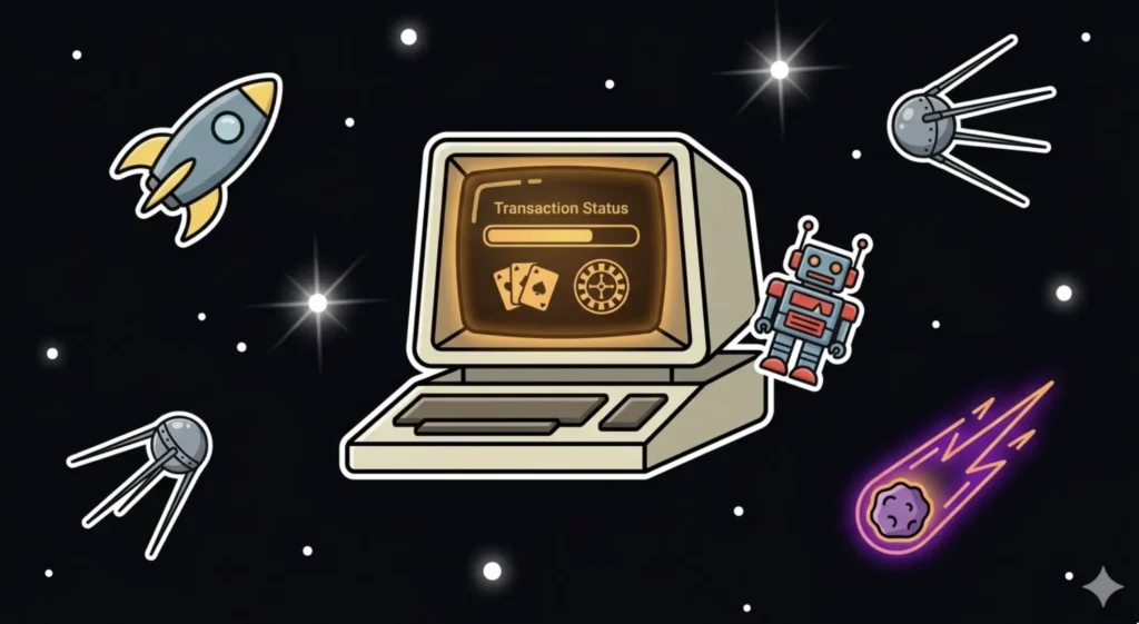 Retro computer showing casino transaction status with cards and chip in space, illustrating top eCheck casinos in Canada at FreeSlots99
