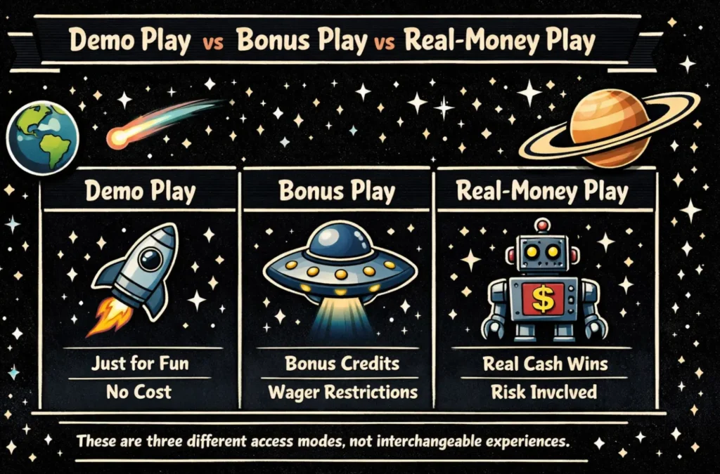 Comparison of demo play, casino bonus play, and real-money ELK Studios slot play