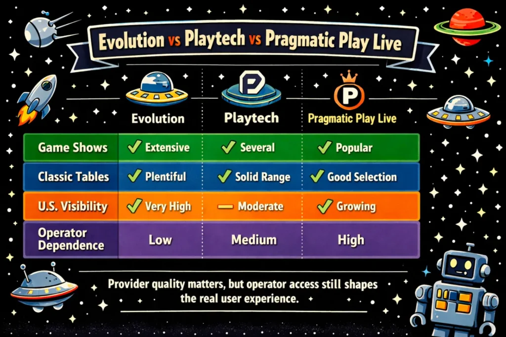 Comparison of Evolution, Playtech, and Pragmatic Play live casino strengths for U.S. players