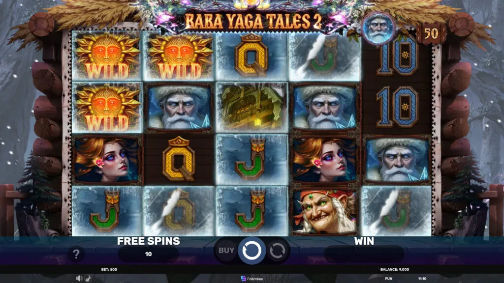 Baba Yaga Tales 2 base game grid with stacked Wild symbols on reel 1
