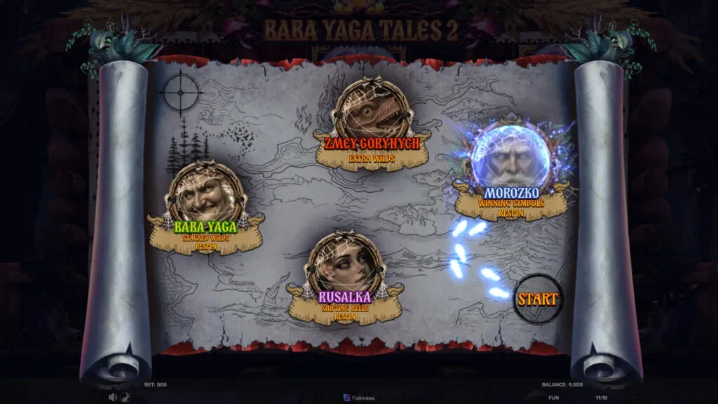 Baba Yaga Tales 2 Free Spins map showing Morozko, Zmey Goryhych, Rusalka and Baba Yaga spirit stages