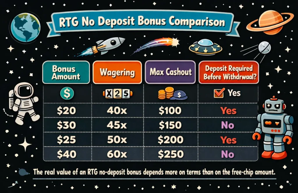 Comparison table for RTG no deposit bonus terms including wagering, cashout cap, and withdrawal conditions.