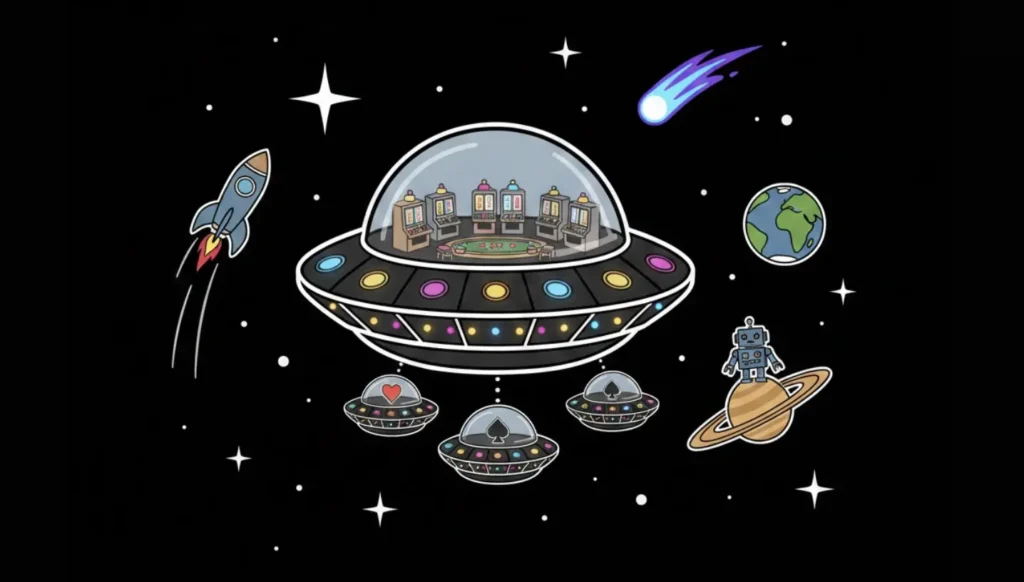 UFO with slot machines and casino games in space for new online casinos on Freeslots99
