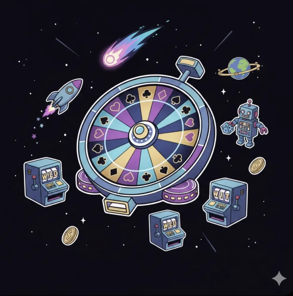 Space roulette wheel with slot machines and card suits for new casino sites