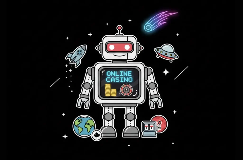 Robot displaying online casino with Canadian maple leaf in space theme for Freeslots99