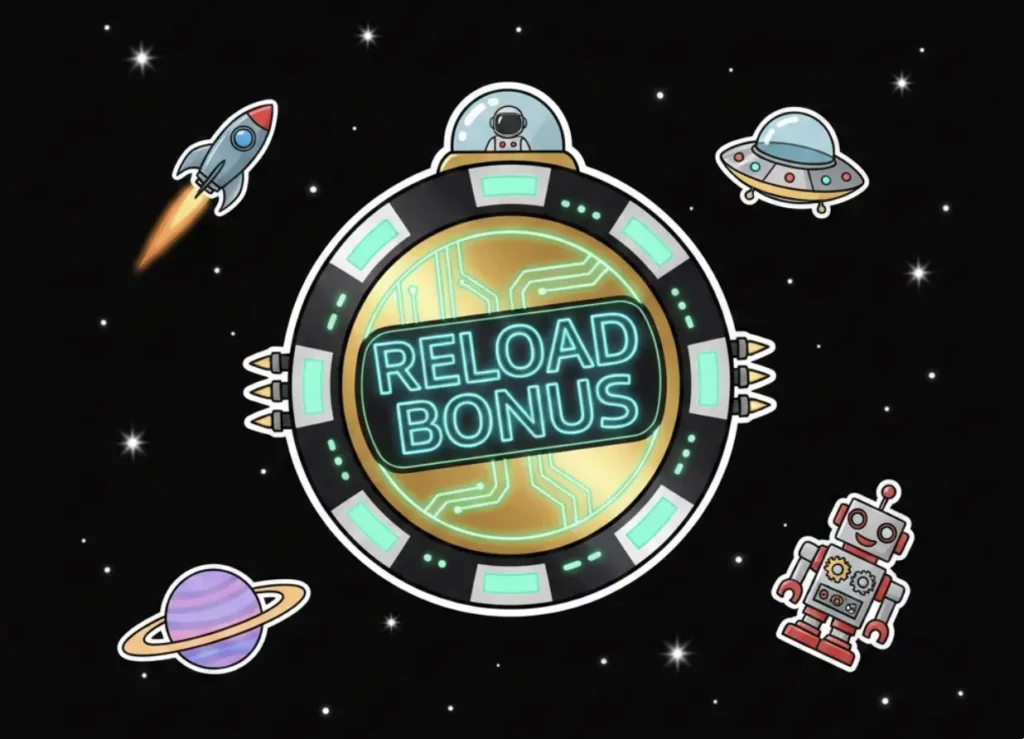 Casino chip with Reload Bonus text in space theme for FreeSlots99