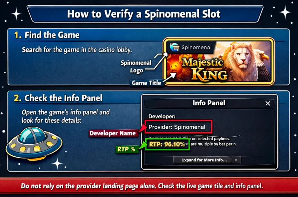 How to verify a Spinomenal slot by checking the game title, developer label, and RTP in the info panel
