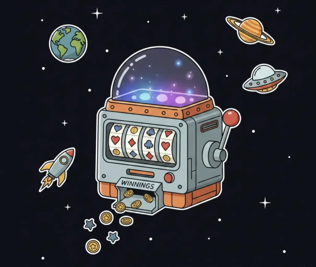 Space-themed slot machine dispensing coins illustrating casino winnings and sweepstakes rewards