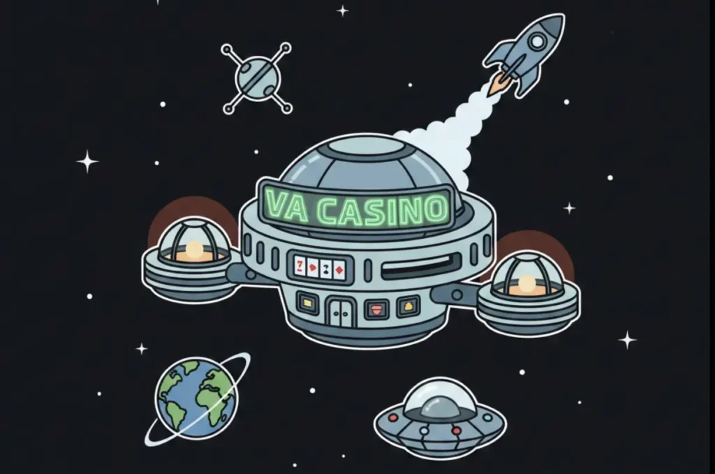 Space station with VA Casino sign and casino games in outer space theme